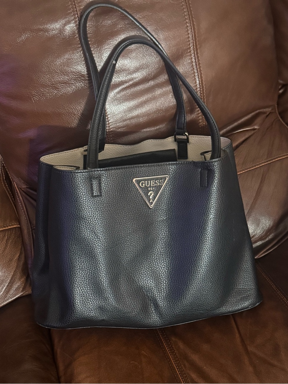 GUESS Navy Pebbled Tote with Gold Logo